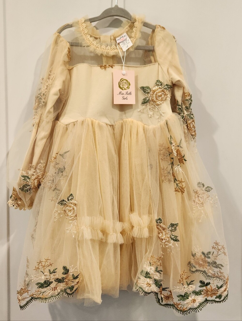 Mia Belle Girls Flower Embroidered Lace Dress Tulle Yellow Gold 4T Floral New